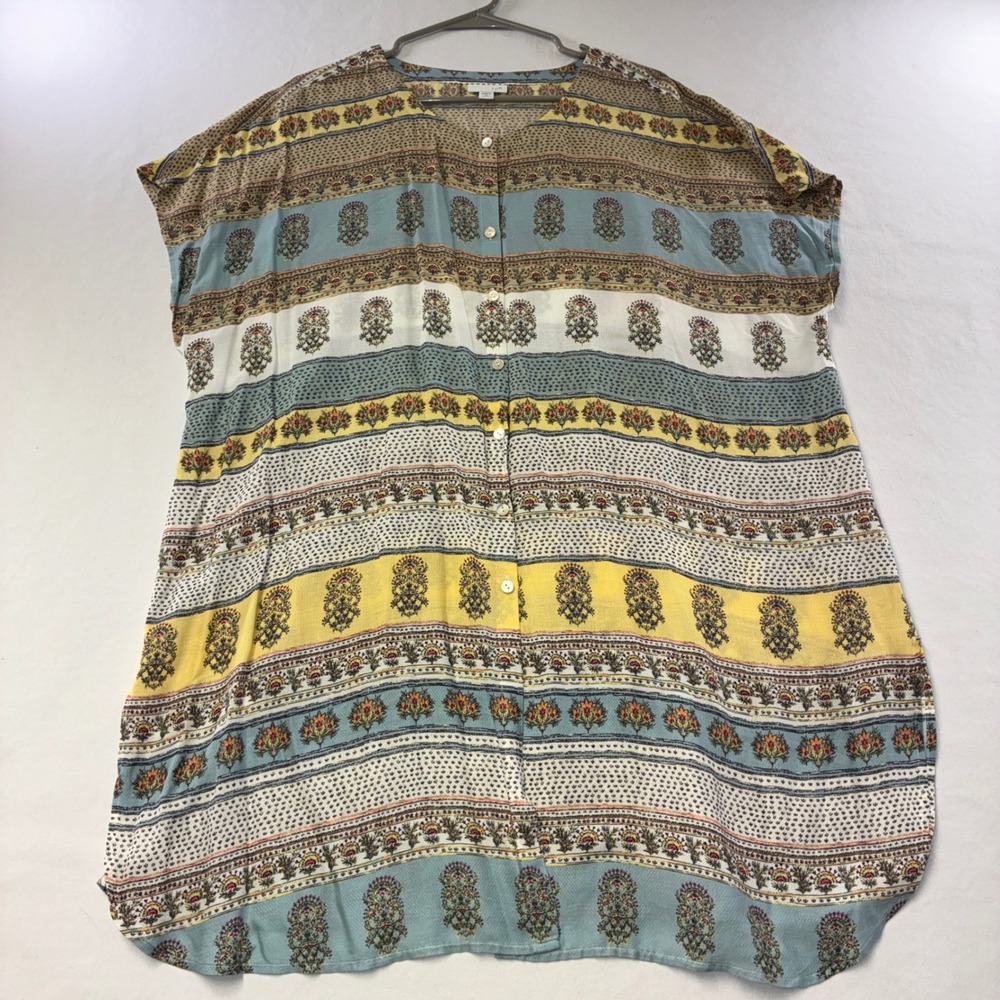 590 Boho J. Jill Button Front Top 2X Multicolor Floral Block Print Rayon